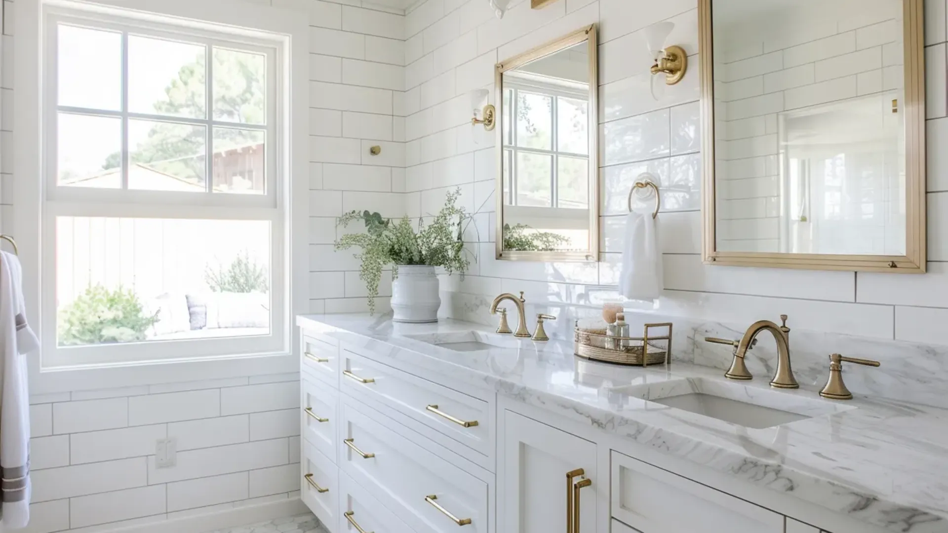 Bathroom remodel with double vanity, quartz countertop, and brass fixtures in Cincinnati, OH